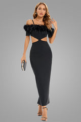 Cutout Feather Trim Spaghetti Strap Dress