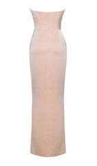 BLUSH SATIN CORSET SLIT GOWN WITH CRYSTAL EMBELLISHED