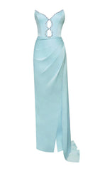 BLUE SATIN CRYSTAL EMBELLISHED HIGH SLIT GOWN