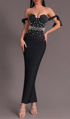 PEARL EMBELLISHED BACKLESS BODYCON MAXI DRESS