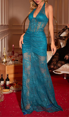 HALTER BUSTIER LACE MERMAID MAXI DRESS IN BLUE