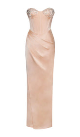 BLUSH SATIN CORSET SLIT GOWN WITH CRYSTAL EMBELLISHED