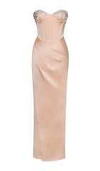 BLUSH SATIN CORSET SLIT GOWN WITH CRYSTAL EMBELLISHED