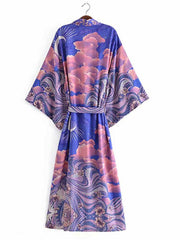 Summer Partywear Floral With Moon Print Purple Color Silk Long Length Gown Kimono Duster Robe