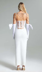 WHITE BACK BANDAGE MAXI DRESS WITH GLOVES