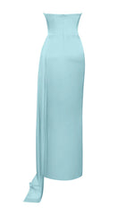 BLUE SATIN CRYSTAL EMBELLISHED HIGH SLIT GOWN