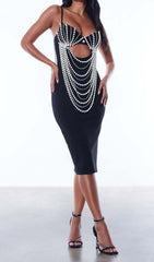 PEARL EMBELLISHED MIDI DRESS IN BLACK