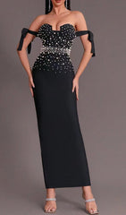 PEARL EMBELLISHED BACKLESS BODYCON MAXI DRESS