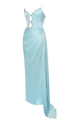 BLUE SATIN CRYSTAL EMBELLISHED HIGH SLIT GOWN