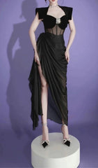 TAFFETA BOW CORSET SLIP MIDI DRESS IN BLACK