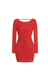 EMBELLISHED HIGH NECK COWL BACK MINI DRESS IN RED