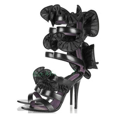 Black Ruffles Strap High Heels Sandals