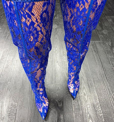 Blue Lace Over The Knee Stiletto Boots