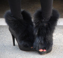 Brian Atwood Inspired Black Fur Sandals Peep-Toe Booties