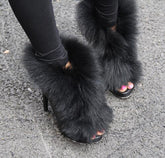 Brian Atwood Inspired Black Fur Sandals Peep-Toe Booties