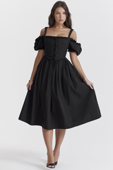 Silvana Black Puff Sleeve Midi Sundress
