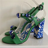 Blue Majolica-printed Ankle Strap Sandals Inspired by Dolce & Gabbana