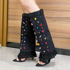 Denim Crystal Knee-High Stiletto Boots