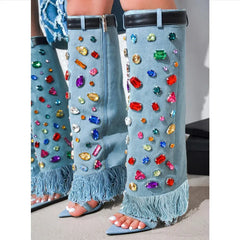 Denim Crystal Knee-High Stiletto Boots