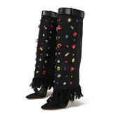 Denim Crystal Knee-High Stiletto Boots