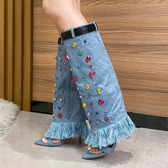 Denim Crystal Knee-High Stiletto Boots