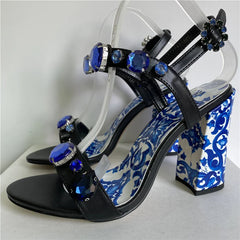 Blue Majolica-printed Ankle Strap Sandals Inspired by Dolce & Gabbana