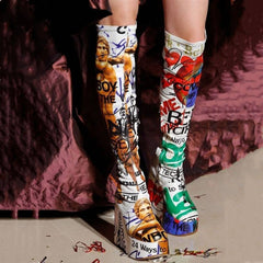 Vintage Printed Knee-High Boots