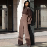 Asymmetric High Neck Bell Sleeve Sweater Wide Leg Pants Matching Set - Caramel