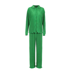Athflow Shirred Long Sleeve Blouse Wide Leg Pant Matching Set - Green