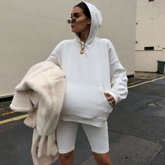 Athletic Style Hooded Sweatshirt Biker Short Matching Set - White