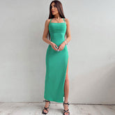 Attractive Ribbed Square Neck Lace Up Thigh Slit Maxi Dress - Teal Green