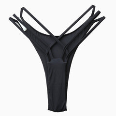 Brazilian Solid Cut Out Crisscross Strappy Bikini Thong Bottom - Black