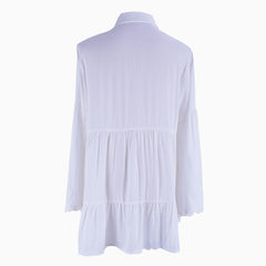 Casual Collared Long Sleeve Crochet Button Up Beach Cover Up - White