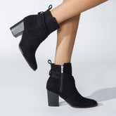 Chic Crisscross Strap Pointed Toe Block Heel Suede Ankle Boots - Black