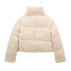 Chic Zipped Drop Shoulder Long Sleeve Stand Collar Cropped Puffer Coat - Beige