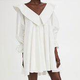 Cute Chelsea Collar V Neck Balloon Sleeve Babydoll Mini Dress - White