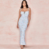 Daisy Printed Floss Strap Tied Bustier Slip Maxi Dress - Blue