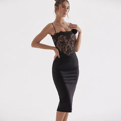 Glossy Satin Floral Lace Corset Bodycon Slip Cocktail Midi Dress - Black