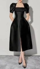 SQUARE NECK PUFF SLEEVE DRESS IN BLACK
