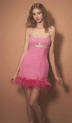 CUT OUT CRYSTAL FEATHER MINI DRESS IN HOT PINK