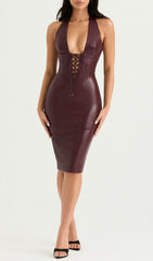 LEATHER MIDI DRESS IN WINE