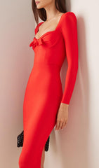 BANDAGE LONG SLEEVE MIDI DRESS IN RED