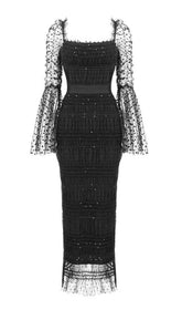 LACE BACKLESS MIDI DRESS IN BLACK