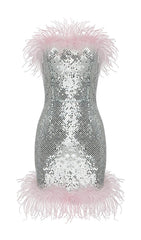 STRAP SILVER SEQUIN FEATHER MINI DRESS