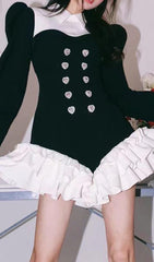 DIAMOND SPLICED COLOR LAPEL TEMPERAMENT RUFFLES DRESS