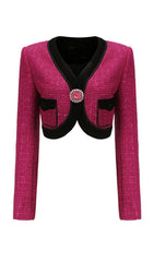 V NECK LONG SLEEVE PATCHWORK BUTTON VINTAGE SHORT COATS