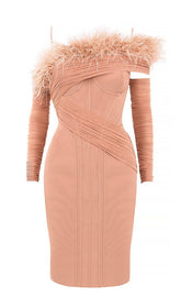 FEATHER LONG SLEEVE BANDAGE MINI DRESS IN BLUSH PINK