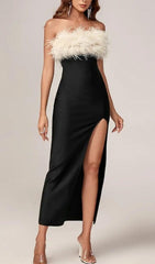 BLACK OFF SHOULDER FEATHERS MAXI BANDAGE DRESS