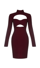 CUT OUT MESH MINI DRESS IN WINE RED