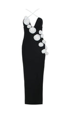 3D FLORAL PEARL SUSPENDER MIDI DRESS IN BLACK